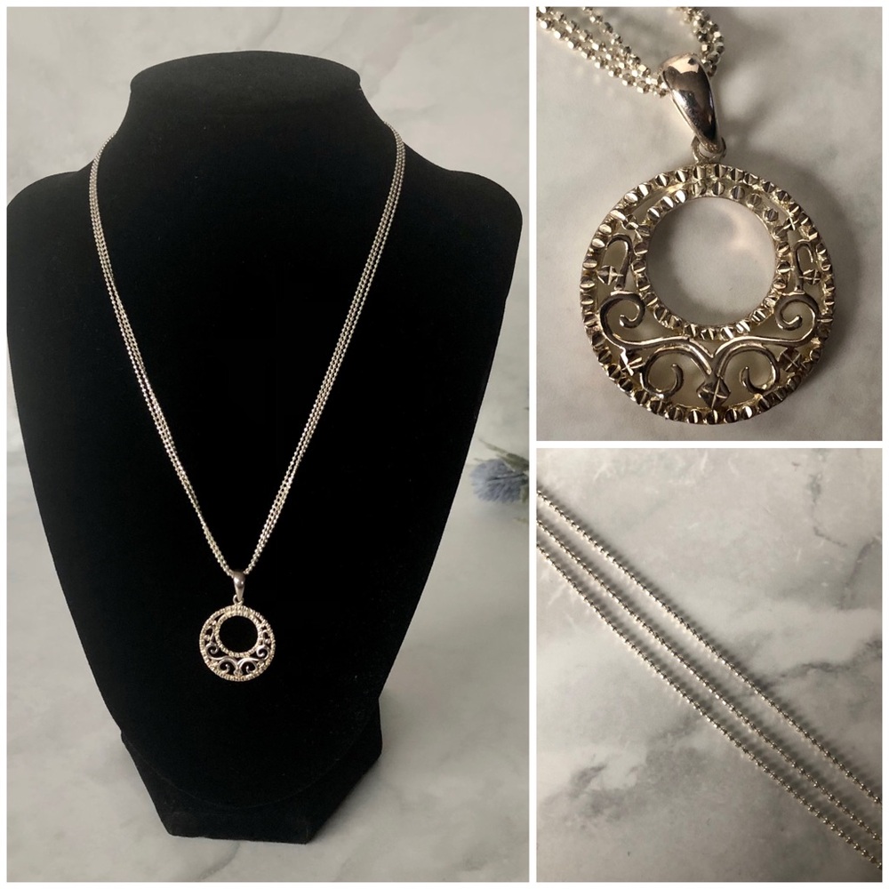 JCM Vintage Sterling Silver 925 Triple Strand Chain with Sterling Silver Pendant